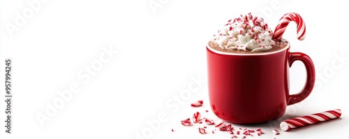 A peppermint hot chocolate, in a red mug with candy cane garnish, sweet and festive, isolated on white background