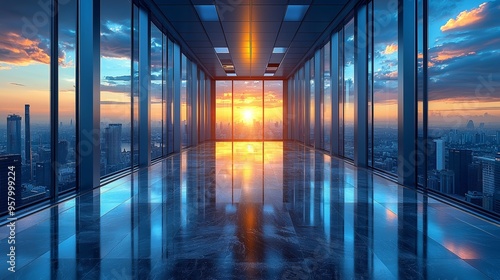 A stunning sunset view from a modern office space with large glass windows in a high-rise building