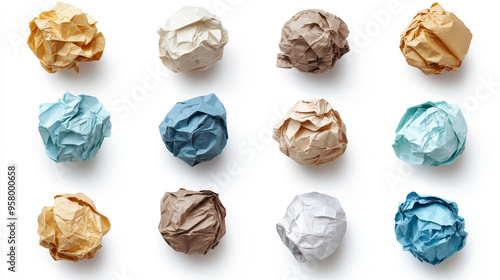 White 3D crumpled paper ball, realistic wrinkled trash vector isolated on a transparent background, featuring a messy, rumpled grunge sheet as a waste or mistake in a document.