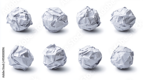 White 3D crumpled paper ball, realistic wrinkled trash vector isolated on a transparent background, featuring a messy, rumpled grunge sheet as a waste or mistake in a document.