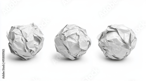 White 3D crumpled paper ball, realistic wrinkled trash vector isolated on a transparent background, featuring a messy, rumpled grunge sheet as a waste or mistake in a document.