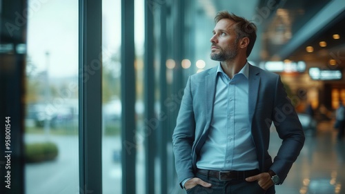 A businessman staring blankly out of an airport window, hands in his pockets, lost in thought