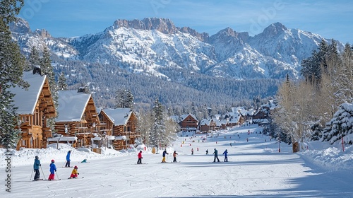 Picturesque Ski Resort with Snow-Covered Chalets and Majestic Mountains