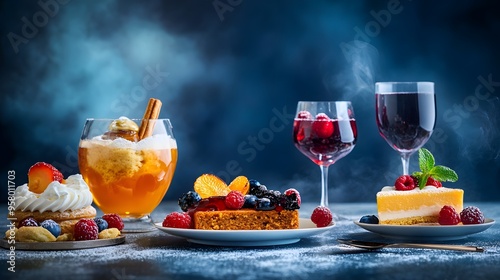 Dark and moody food photography of a dessert table with rich, decadent desserts highlighted by dramatic lighting and a dark background to create a sense of indulgence