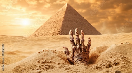 A mummy hand is buried in the sand next to a pyramid. The scene is set in a desert, with the sun shining brightly in the background