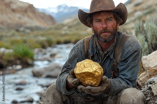 Cowboy prospector holding a large gold nugget by a river in a rugged mountain landscape