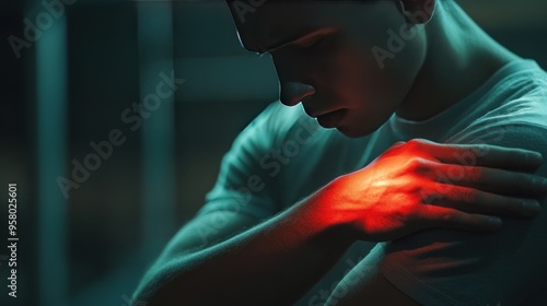 A young man holds his injured shoulder, with a red glow highlighting the pain.