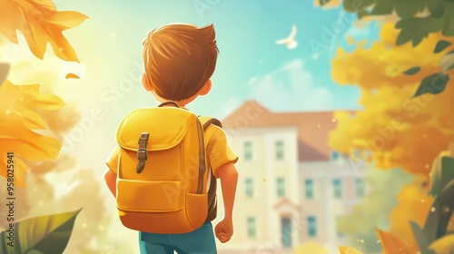 Boy with backpack going to school. The new academic semester year start with friend at school background