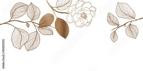 Luxury gold line art autumn leaf background vector. Natural botanical elegant foliage with jungle leaves. Design illustration for decoration, wall decor, wallpaper, cover, banner, poster, card.