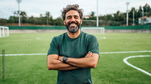 A bearded man in a green shirt stands on a soccer field with his arms crossed, smiling. The field has goalposts and is surrounded by trees and light poles.