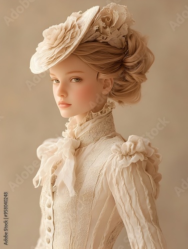 Elegant Aristocratic Woman in Vintage Victorian Dress and Ornate Hairstyle