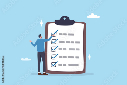 Complete checklist or finishing checkbox, task done within deadline, complete tasks list or project, approval or achievement concept, businessman put tick on complete checklist on paper clipboard.