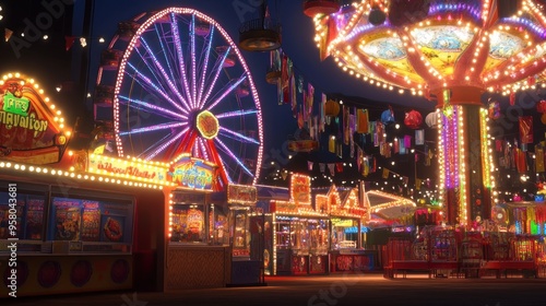 Illuminated Amusement Park at Night