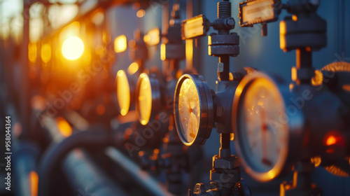 Close-up of gas meters at sunset. Gas metering station background. Analysis and accounting concept.