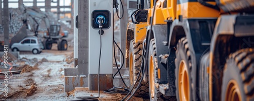 Electric car charging station at construction site with machiner