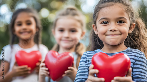 happy smiling little girls looking at the camera holding red heart shape standing in the summer park outdoors for child health day.