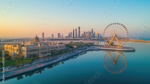 Aerial shot of the Sharjah waterfront, with its beautiful corniche and the Eye of the Emirates Ferris wheel. No people.