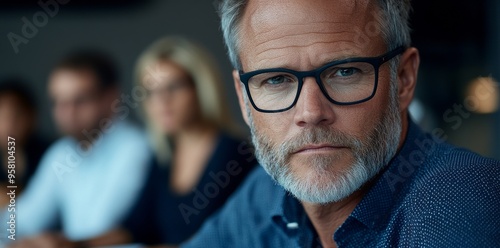 Among others is a person with glasses and a beard, likely facilitating a conversation or presentation