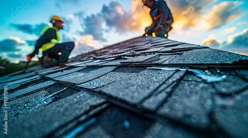  Removal of old asphalt shingles from the roof. Construction workers replacing the house roof covering.