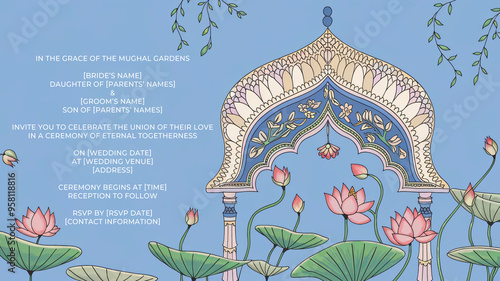 Lotus-Adorned Mughal Archway: Pastel Blue Indian Wedding Invite, Ornate Garden Theme Stationery Template