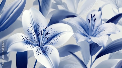 A blue and white botanical design featuring delicate lilies and swirling waves, perfect for artsy backgrounds and fabric designs