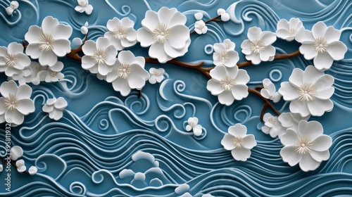 Artwork featuring delicate sakura flowers floating over stylized blue waves, perfect for capturing nature's elegance and tranquility