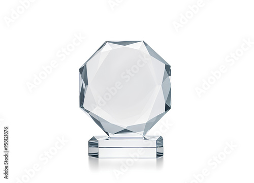 Blank round glass trophy mockup, 3d rendering. Empty acrylic award design mock up. Transparent crystal prize plate template. Premium first place prize plaque, isolated on white, front view