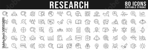 Big set of research related line icons. Analysis, search, document, graph, market, science etc. Editable stroke.