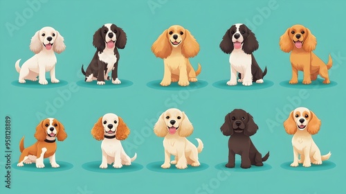 Assortment of Cartoon Cocker Spaniel Puppies on Turquoise Background