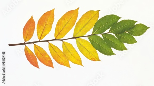 A honey locust leaf, compound with small, oval leaflets turning from green to bright yellow