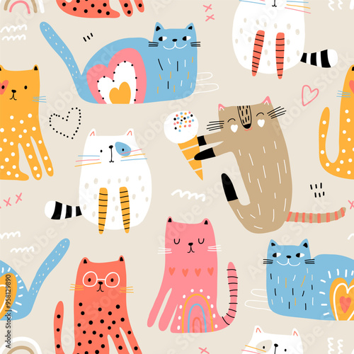 Cartoon seamless pattern with colorful cats. Kittens with ice cream, hearts. Childish texture for fabric, textile, apparel, wallpaper. Vector illustration