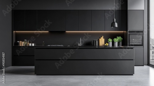 Black modern kitchen interior, highlighting sleek design, functionality, and contemporary aesthetics. 3D rendering.