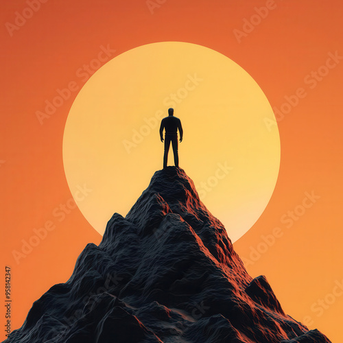 Silhouette of a person standing triumphantly on a mountain peak with a giant sun in the background during sunset.