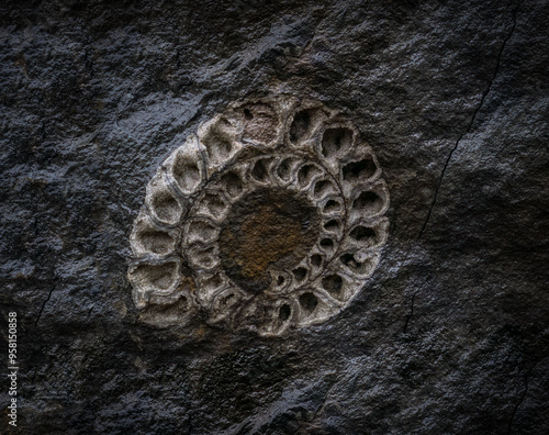 fossil of Ammonite in the stone wall