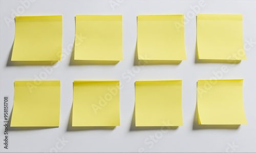 Eight yellow sticky notes attached to a white wall