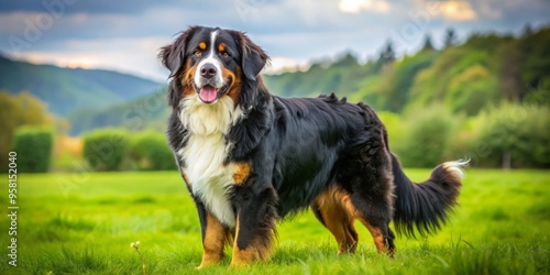 A majestic Bernese mountain dog stands tall on a lush green meadow, its fur a warm golden coat.