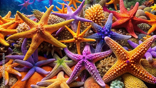 a photo image of a diverse collection showcasing vibrant orange, purple, and yellow starfish with varying shapes and sizes on a coral reef backdrop