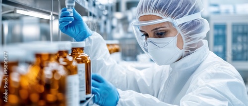 Scientist in full protective gear, carefully inspecting medicine bottles on a production line in a pharmaceutical lab, highlighting precision and safety