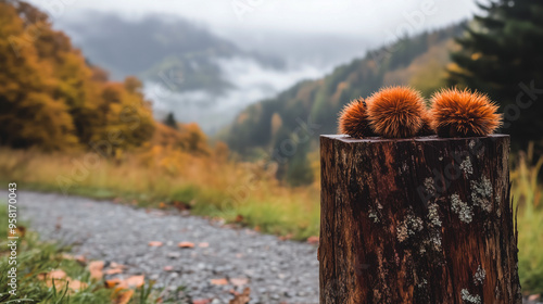 chestnuts with achenes resting on a tree trunk on a mountain landscape background in autumn