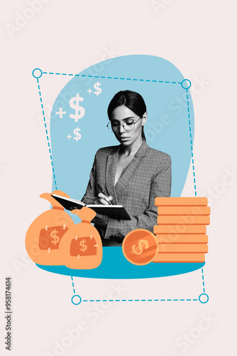 Composite trend artwork sketch collage of workspace graphics trade business pile money gold coins young woman read open book smart clever