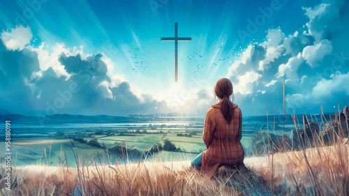 Young woman kneeling and looking at the cross in the sky. Digital watercolor painting