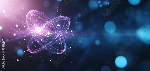 Vibrant illustration of an atom with glowing particles, symbolizing energy and innovation in science and technology.