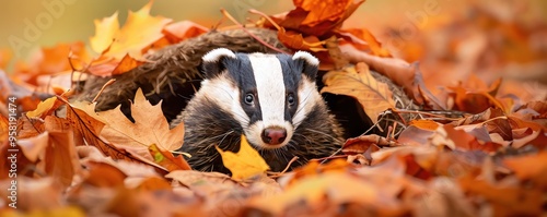 Badger emerging from its den surrounded by autumn foliage, cautious and natural, Autumn animals, badger in autumn