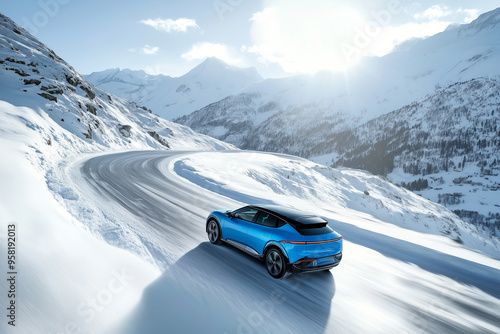 Blue electric car on winding snowy road, luxury auto