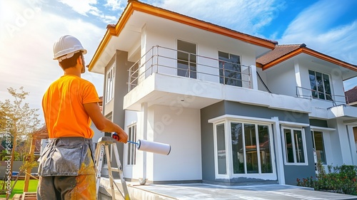 Painter of a newly built house, Painter holding a paint roller skillfully paints a house, A house under construction nearing completion has a painter applying a white primer.