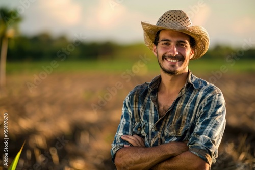 Farmer is smiling with his arms crossed in a cultivated field at sunset