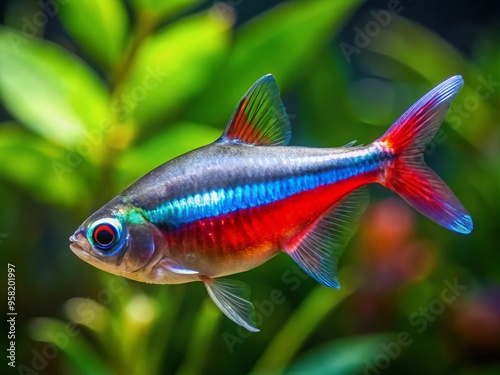 A vibrant photo of a neon tetra fish glides through the darkness of a tank, its iridescent scales shimmering in the faint artificial light.