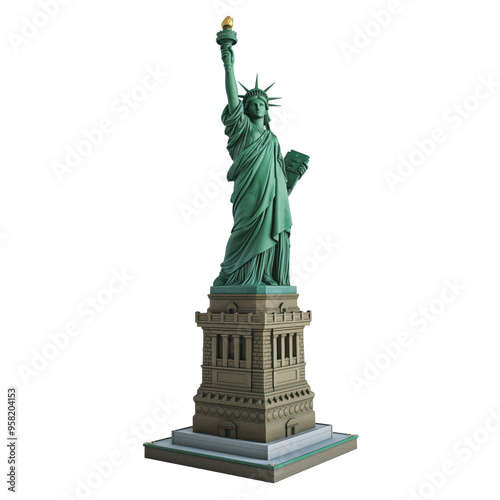 Illuminated Model of Iconic Liberty Statue on Clear Background.A meticulously crafted replica of the renowned Liberty statue, set against a transparent backdrop