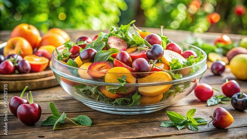 summery colorful arrangement pyrex bowl juicy stone fruits leafy greens rustic wooden table lively backyard garden party atmosphere soft diffused light pastel hues