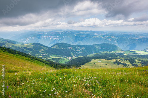 View in easterly direction of southern Limestone Alps from Mount Baldo, east of Lake Garda, Italy